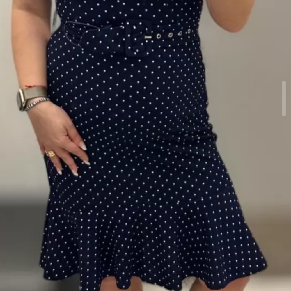 Navy Polka Dot Skirt with Belt